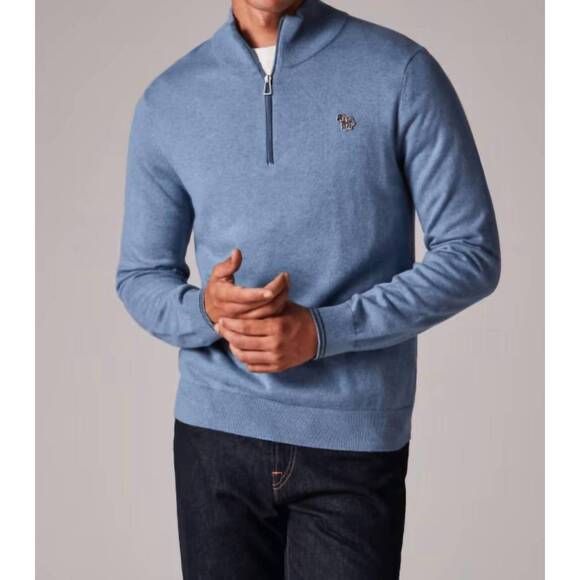NEW PAUL SMITH cotton-blend zebra logo half zip sweater in pale blue